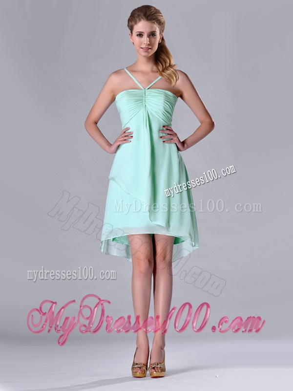 Empire Straps Apple Green Ruching Short Dama Dress in Chiffon
