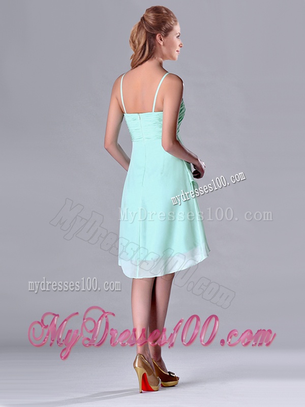 Empire Straps Apple Green Ruching Short Dama Dress in Chiffon