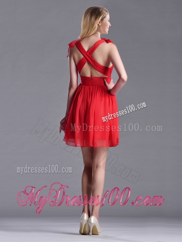 Exclusive V Neck Criss Cross Dama Dress with Ruching and Bowknot