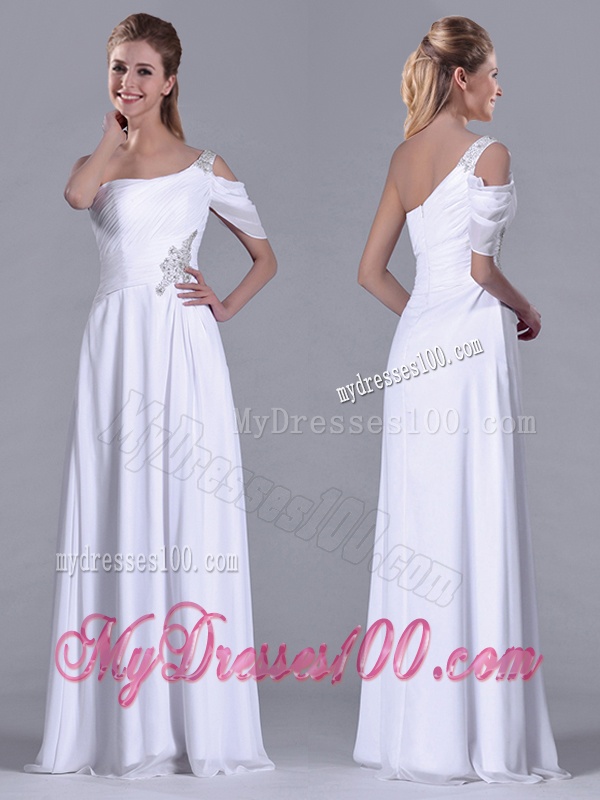 Fashionable Empire One Shoulder Beaded White Long White Dama Dress for Holiday