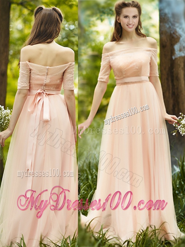 Fashionable Off the Shoulder Half Sleeves Dama Dress with Ribbons