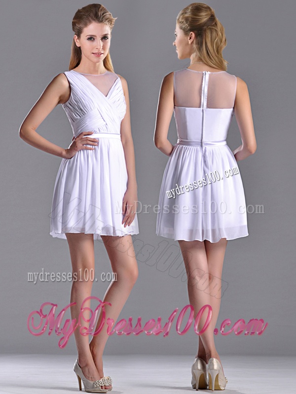 Fashionable See Through Scoop White Dama Dress with Ruching