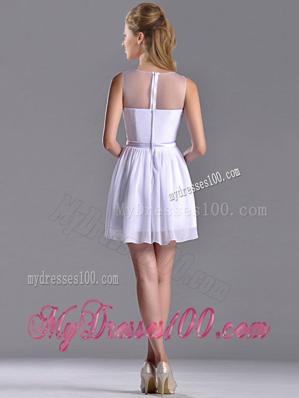 Fashionable See Through Scoop White Dama Dress with Ruching