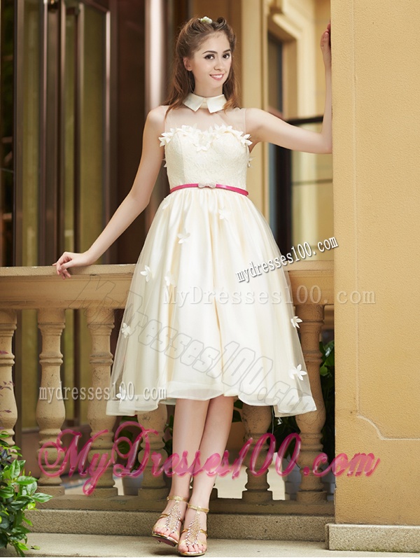 Gorgeous High Neck Champagne Dama Dress with Appliques and Sashes