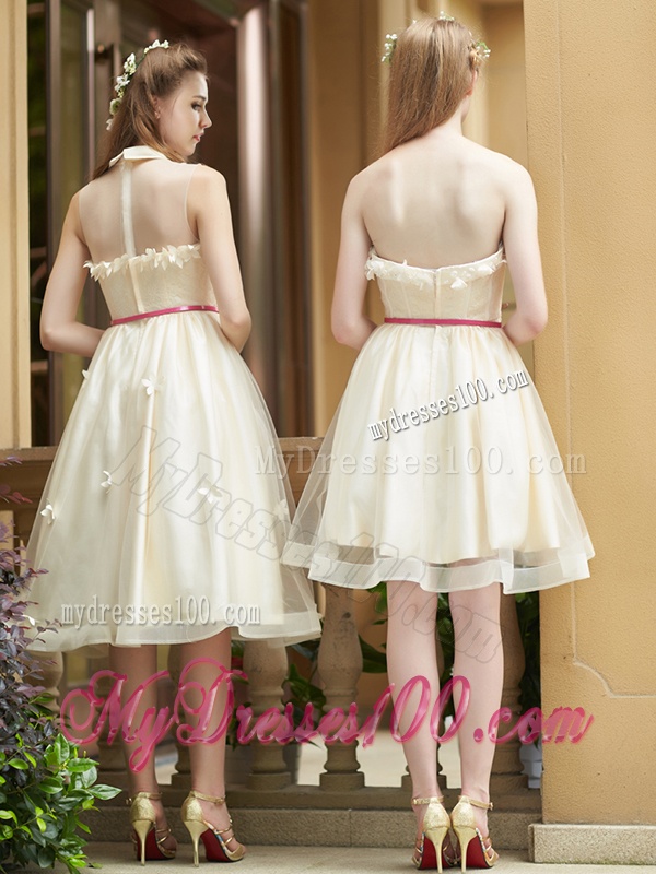 Gorgeous High Neck Champagne Dama Dress with Appliques and Sashes