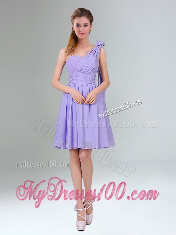 Gorgeous Mini Length Lavender Dama Dress with Ruching and Handmade Flower