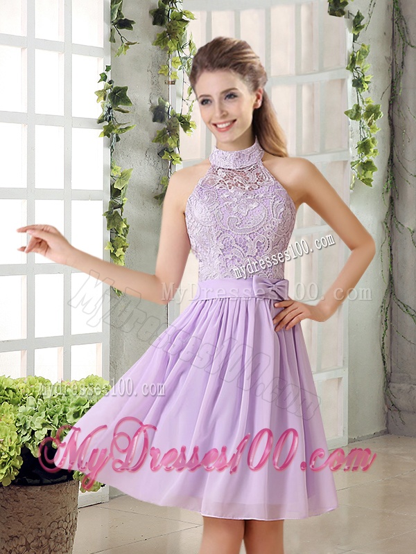 High Neck Lilac A Line Lace Dama Dress Chiffon for 2016