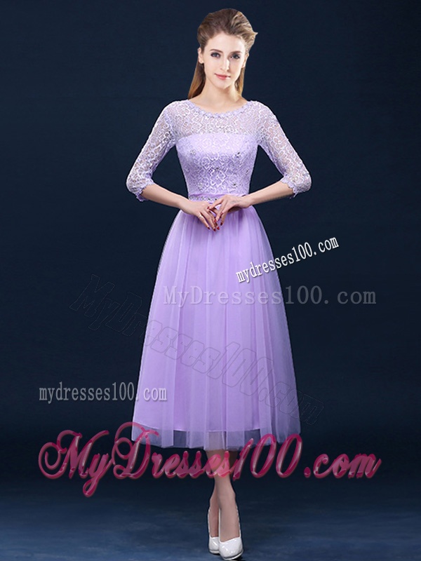 Latest Half Sleeves Tea Length Laced Dama Dress in Lavender