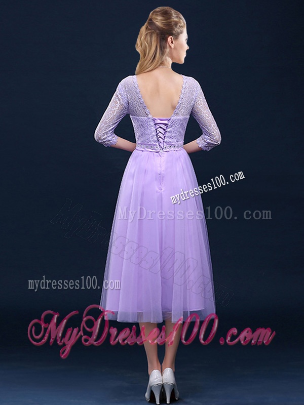 Latest Half Sleeves Tea Length Laced Dama Dress in Lavender