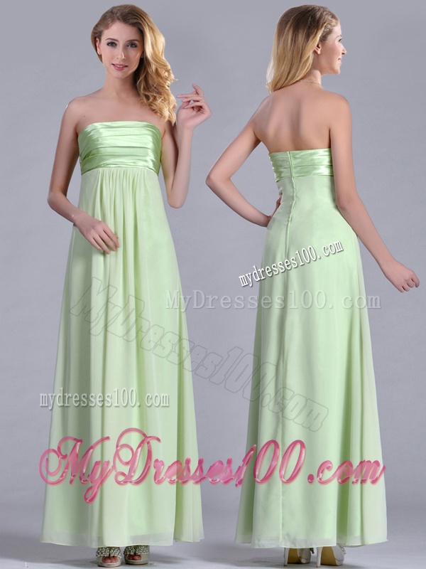 Latest Strapless Yellow Green Chiffon Dama Dress in Ankle Length