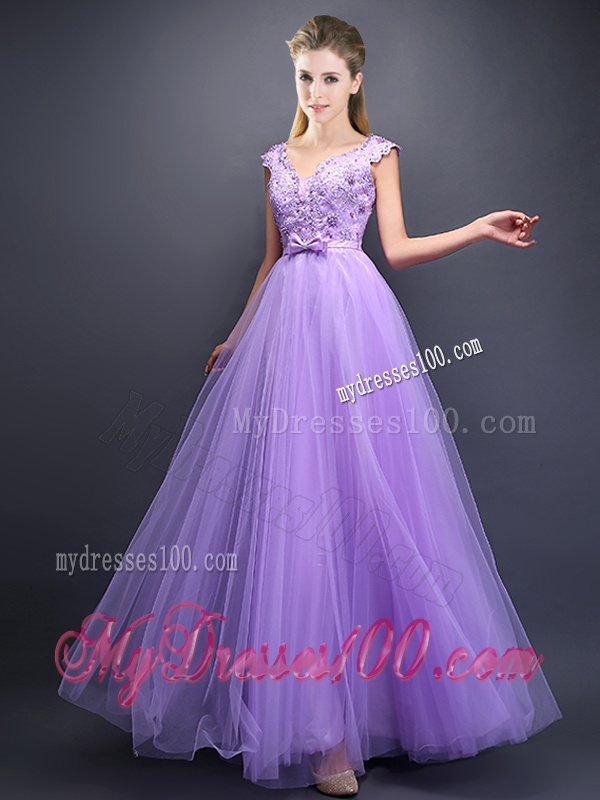 Lovely Beaded and Bowknot V Neck Dama Dress in Lavender