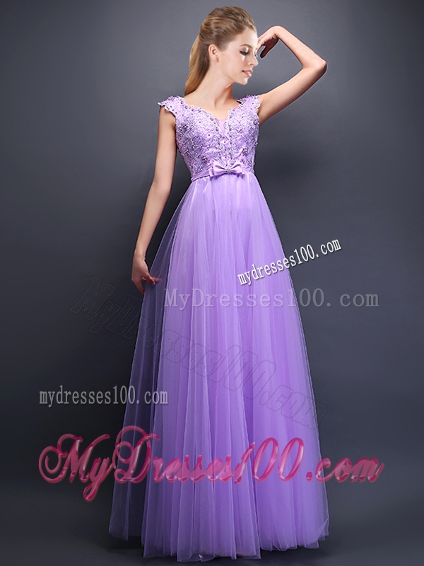Lovely Beaded and Bowknot V Neck Dama Dress in Lavender