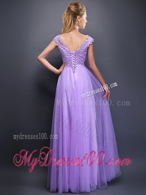 Lovely Beaded and Bowknot V Neck Dama Dress in Lavender