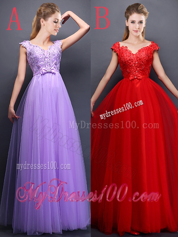 Lovely Beaded and Bowknot V Neck Dama Dress in Lavender