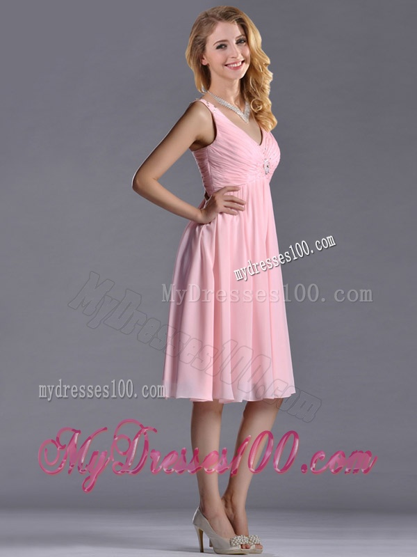 Lovely Empire V Neck Baby Pink Short Dama Dress with Beading