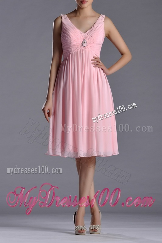 Lovely Empire V Neck Baby Pink Short Dama Dress with Beading
