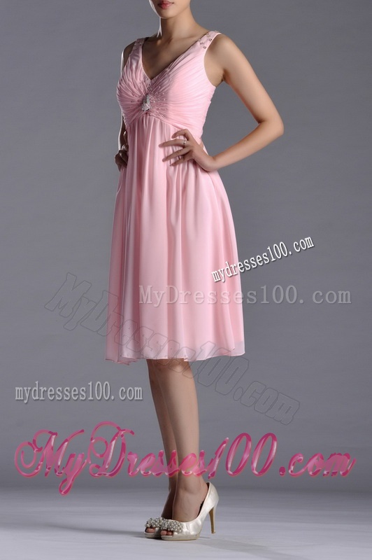 Lovely Empire V Neck Baby Pink Short Dama Dress with Beading