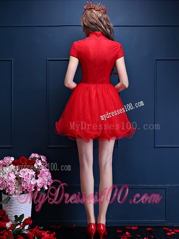 Luxurious High Neck Short Sleeves Dama Dress with Appliques and Beading