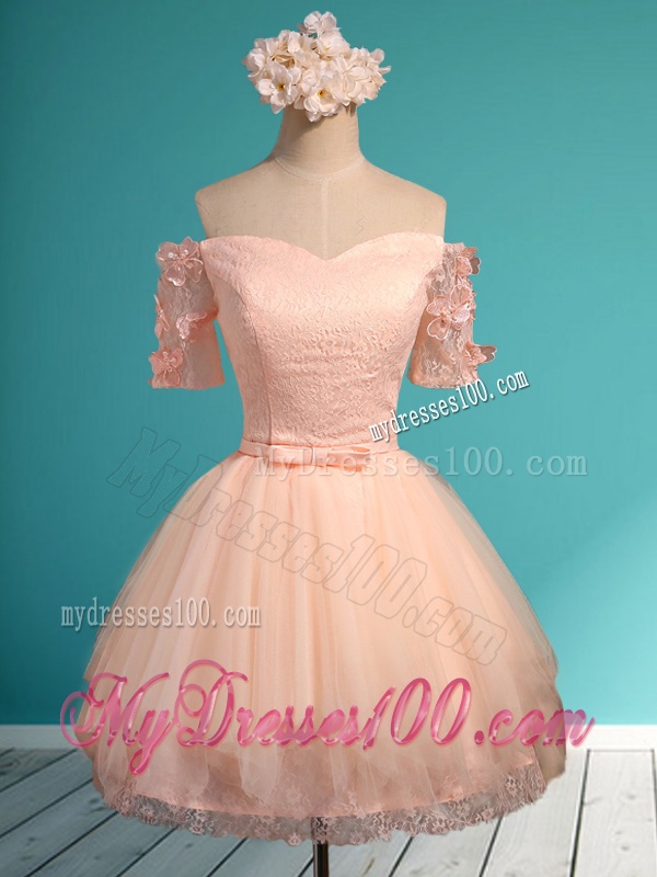 Luxurious Off the Shoulder Short Dama Dress with Appliques and Belt