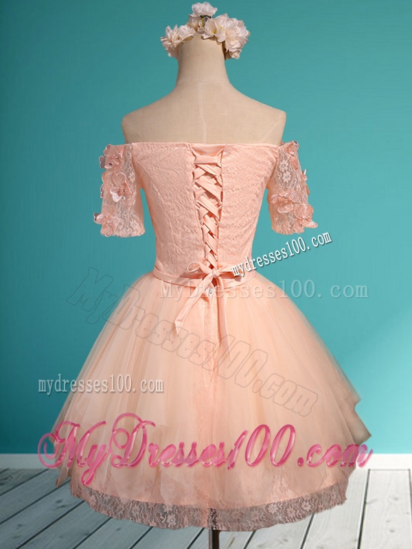 Luxurious Off the Shoulder Short Dama Dress with Appliques and Belt
