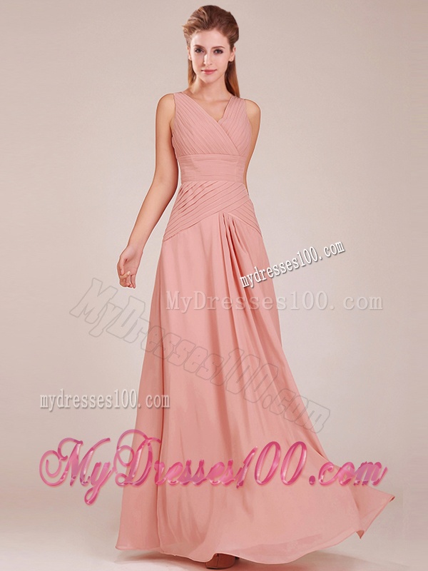 Modest Ruched Decorated Bodice Peach Dama Dress with V Neck