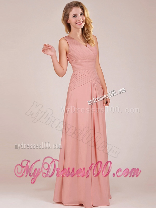 Modest Ruched Decorated Bodice Peach Dama Dress with V Neck