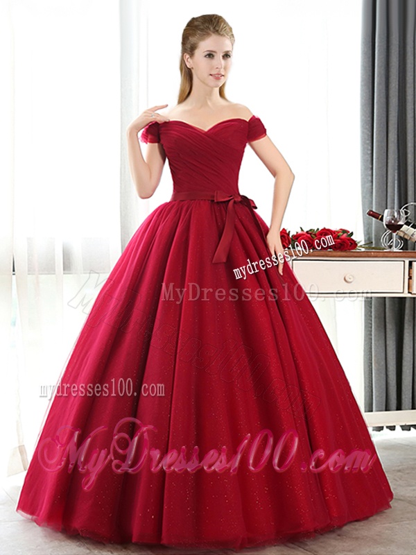 New Arrivals Off the Shoulder Wine Red Dama Dress with Bowknot
