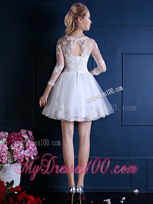 New See Through Scoop Three Fourth Length Sleeves Short Dama Dress in White