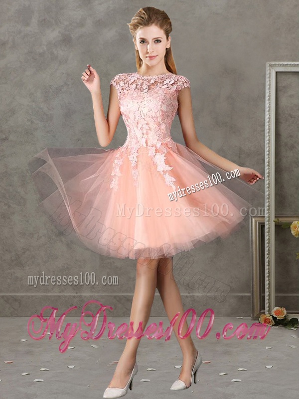 New Style Bateau Peach Short Dama Dress with Lace