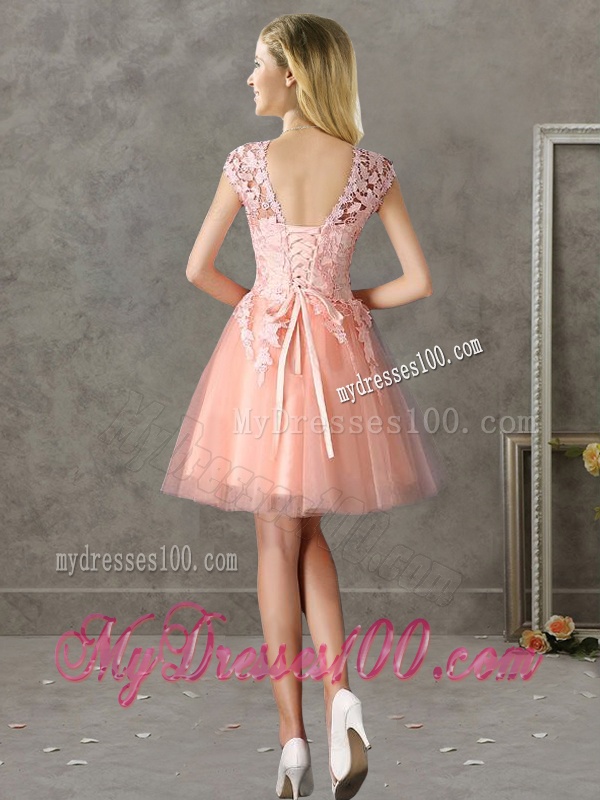 New Style Bateau Peach Short Dama Dress with Lace
