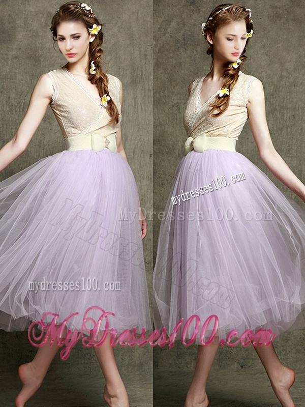 New Style Lavender V Neck Dama Dress with Bowknot and Belt