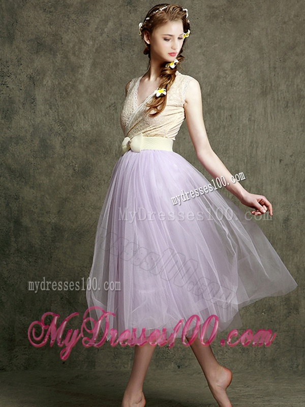New Style Lavender V Neck Dama Dress with Bowknot and Belt