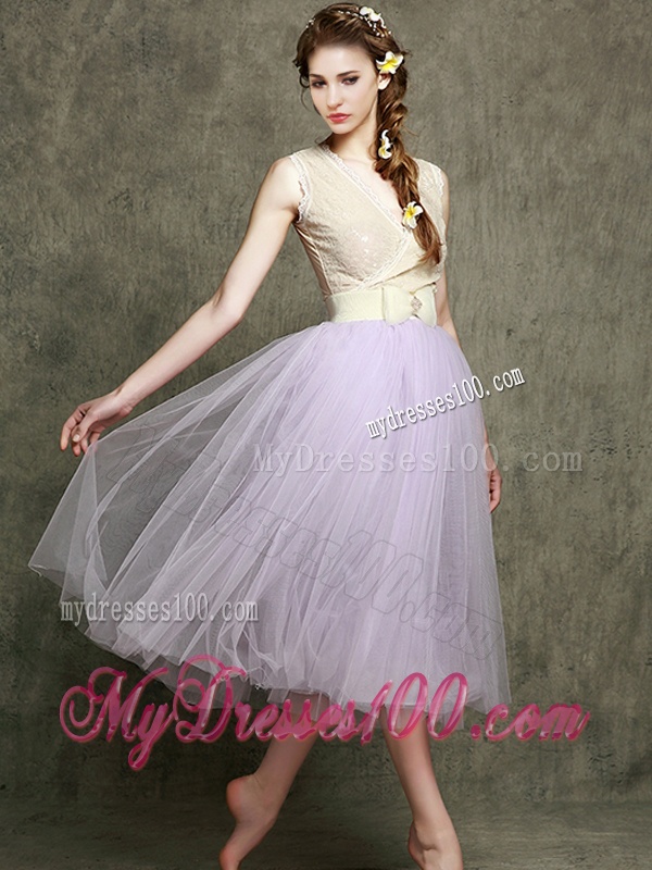 New Style Lavender V Neck Dama Dress with Bowknot and Belt
