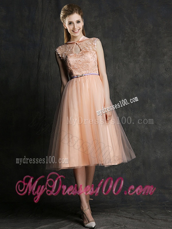 Popular High Neck Peach Dama Dress with Sashes and Lace