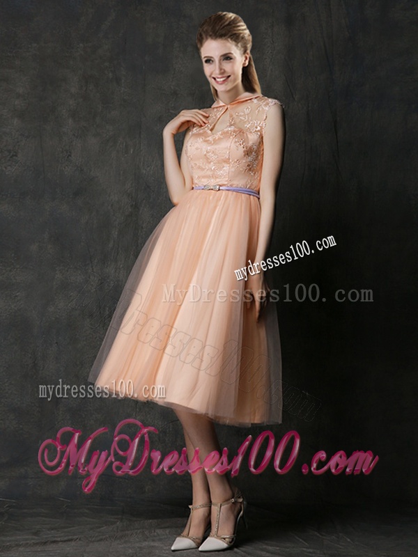 Popular High Neck Peach Dama Dress with Sashes and Lace