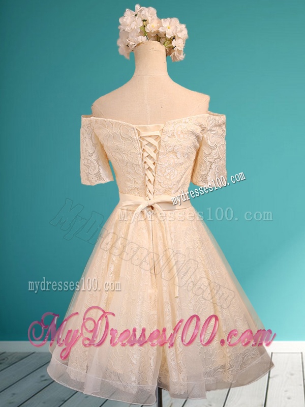 Pretty Off the Shoulder Short Sleeves Champagne Dama Dress with Bowknot