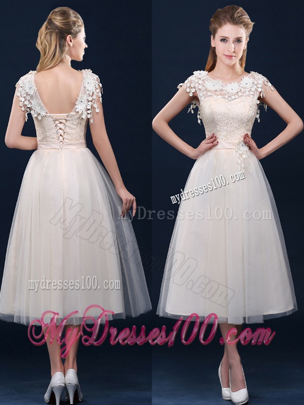 Pretty Tea Length A Line Dama Dress with Cap Sleeves