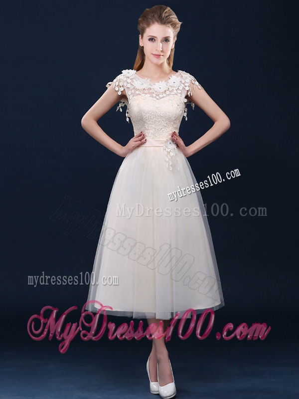 Pretty Tea Length A Line Dama Dress with Cap Sleeves