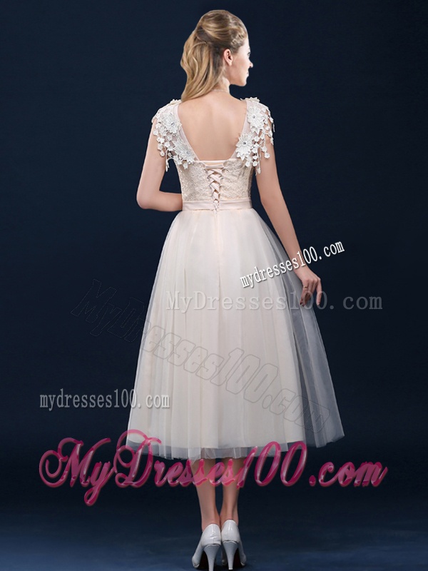 Pretty Tea Length A Line Dama Dress with Cap Sleeves