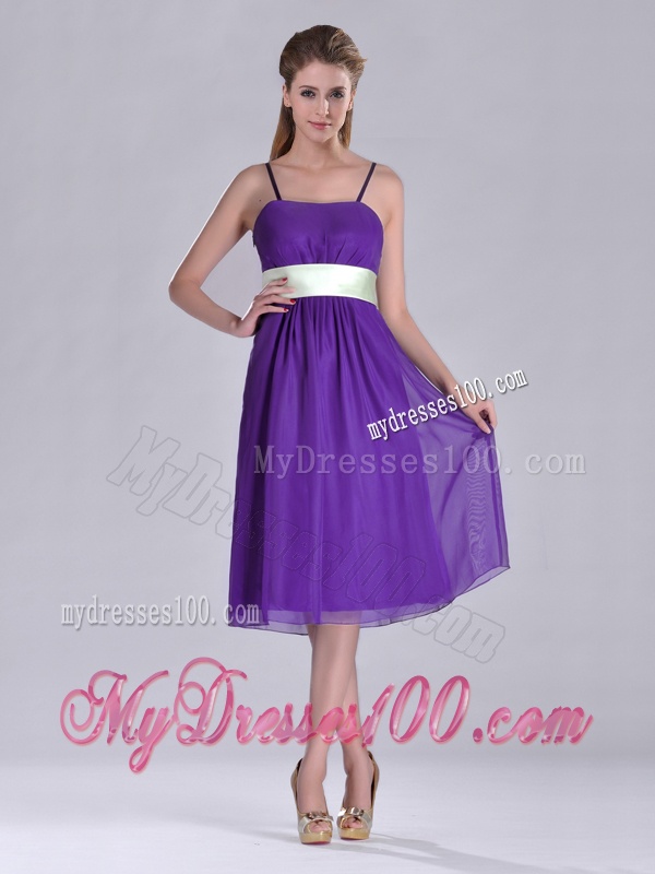 Romantic Spaghetti Straps Belted Eggplant Purple Dama Dress in Tea Length
