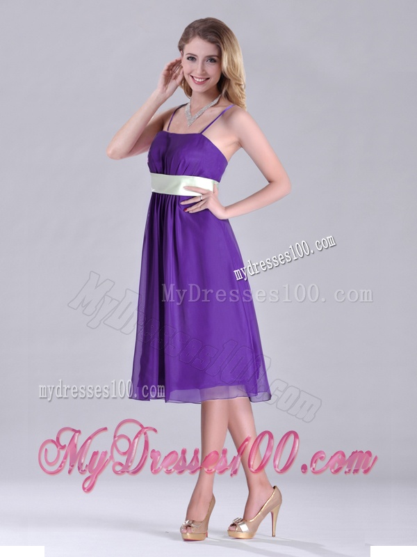 Romantic Spaghetti Straps Belted Eggplant Purple Dama Dress in Tea Length