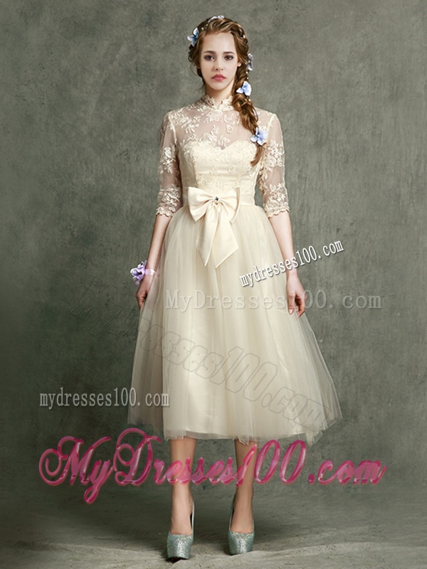 See Through High Neck Half Sleeves Dama Dress with Lace and Bowknot