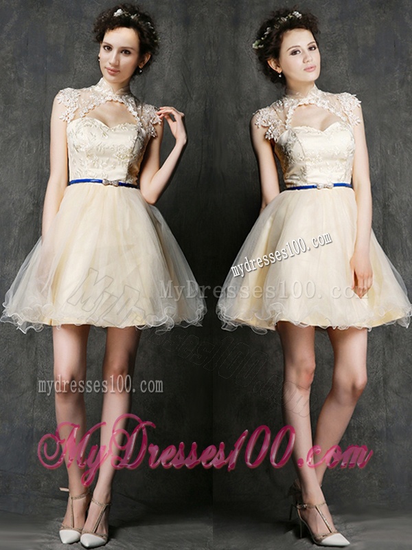 See Through High Neck Short Dama Dress with Sashes and Lace