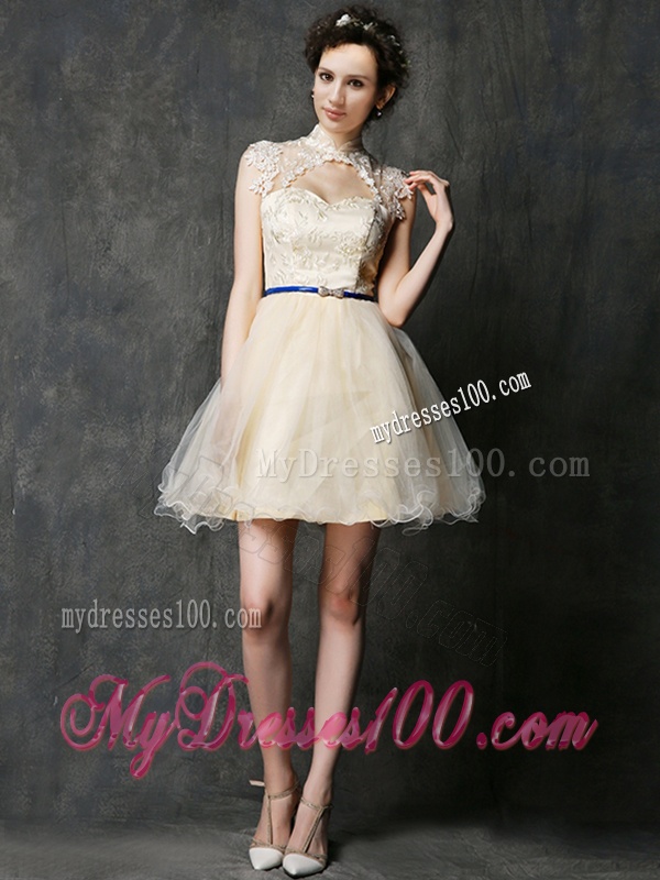 See Through High Neck Short Dama Dress with Sashes and Lace