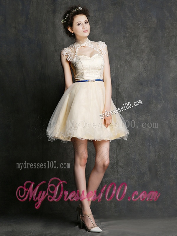 See Through High Neck Short Dama Dress with Sashes and Lace