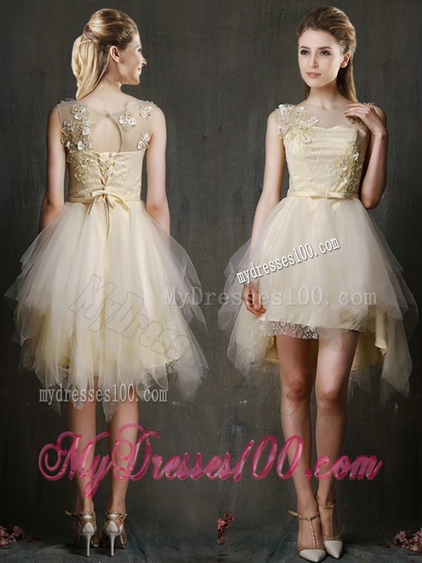 See Through Scoop Champagne Dama Dress with Appliques and Belt