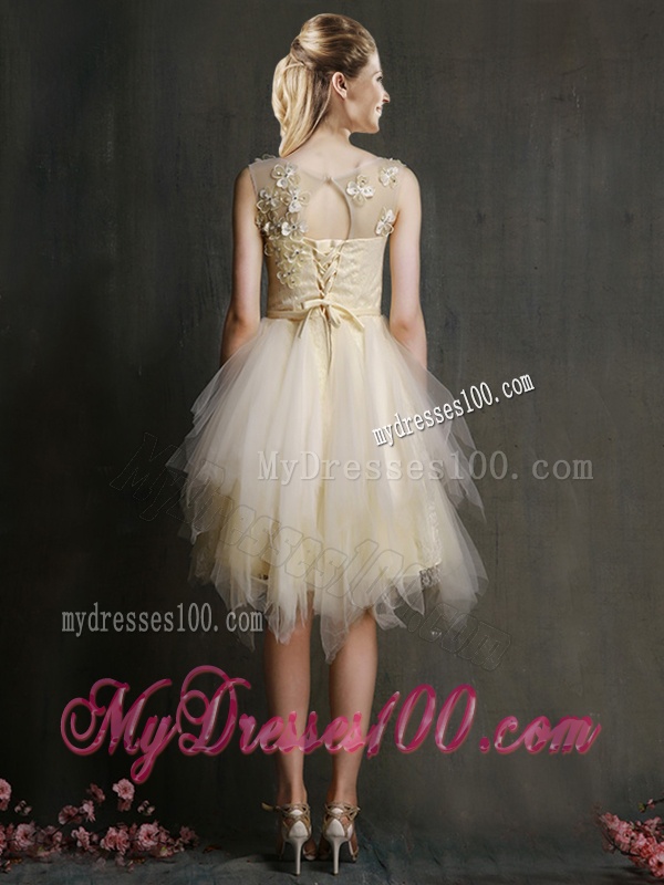 See Through Scoop Champagne Dama Dress with Appliques and Belt