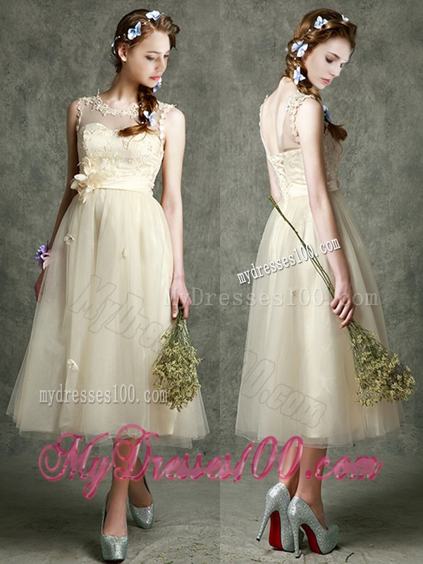 See Through Scoop Champagne Dama Dress with Hand Made Flowers and Appliques