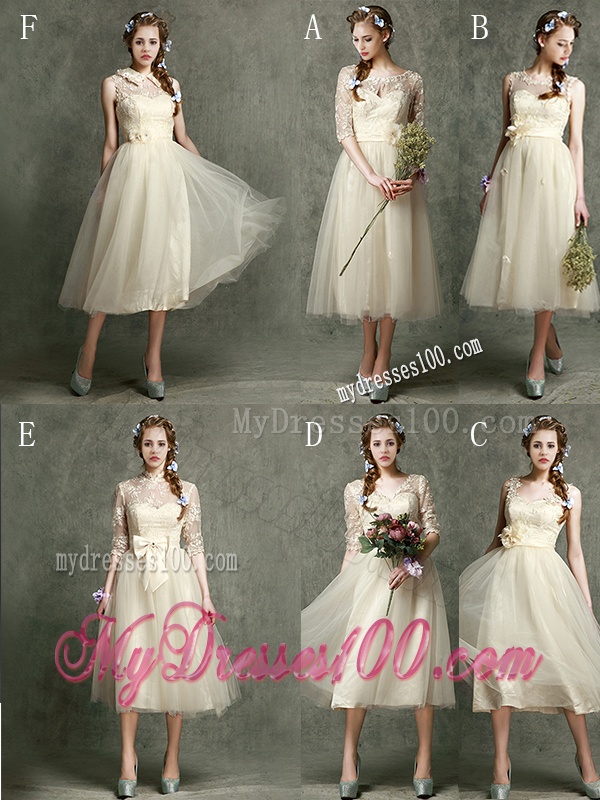 See Through Scoop Champagne Dama Dress with Hand Made Flowers and Appliques