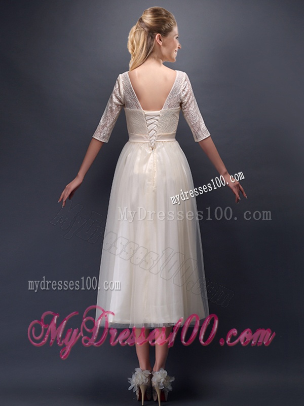 See Through Scoop Half Sleeves Champagne Dama Dress with Bowknot